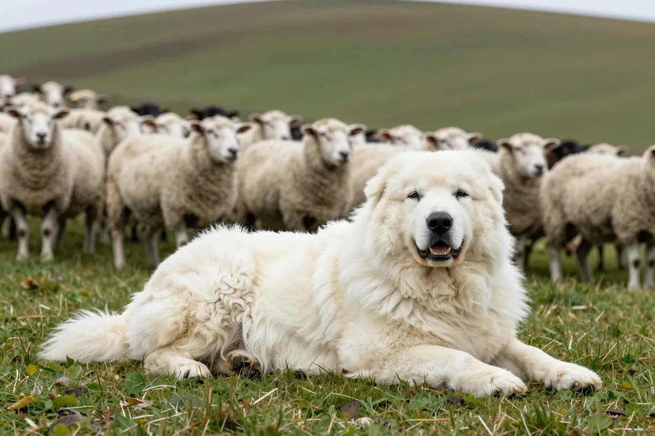 A fluffy white Great Pyrenees rests on grass with a flock of sheep behind it on a pastoral hillside.