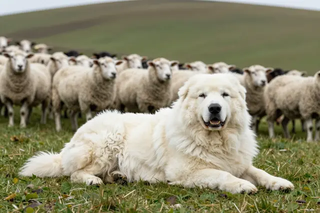 A fluffy white Great Pyrenees rests on grass with a flock of sheep behind it on a pastoral hillside.