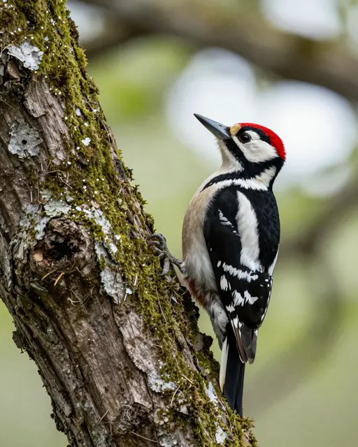 A black and white woodpecker with a red crown clings to a moss-covered oak tree trunk in soft spring light