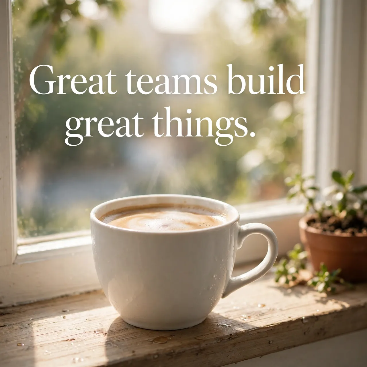 A white coffee cup on a sunlit wooden windowsill with the quote "Great teams build great things." above it