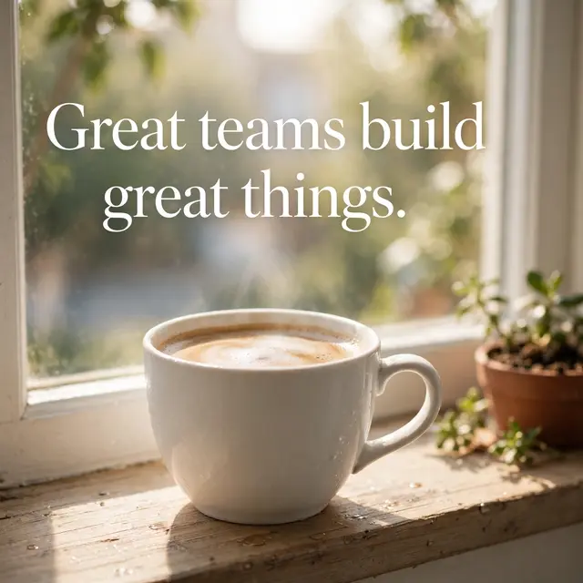 A white coffee cup on a sunlit wooden windowsill with the quote "Great teams build great things." above it