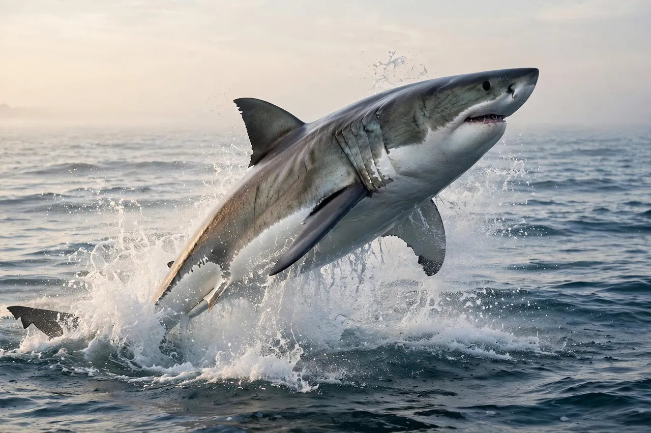 A great white shark leaps out of the ocean in a spray of water under soft morning light