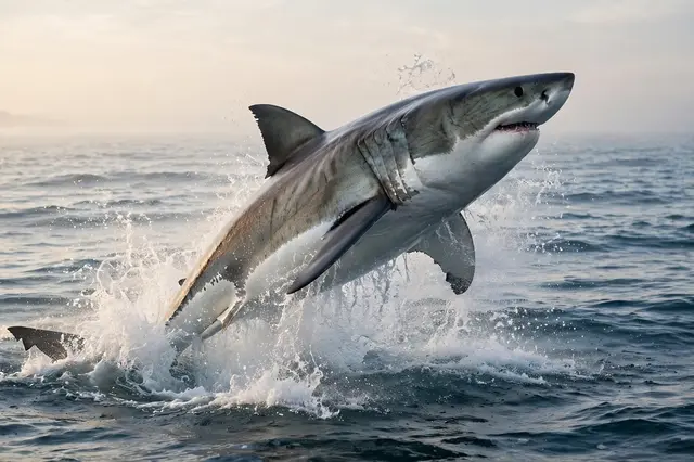 A great white shark leaps out of the ocean in a spray of water under soft morning light