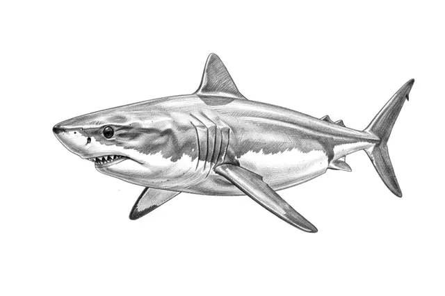 Detailed graphite pencil drawing of a great white shark against a plain white background