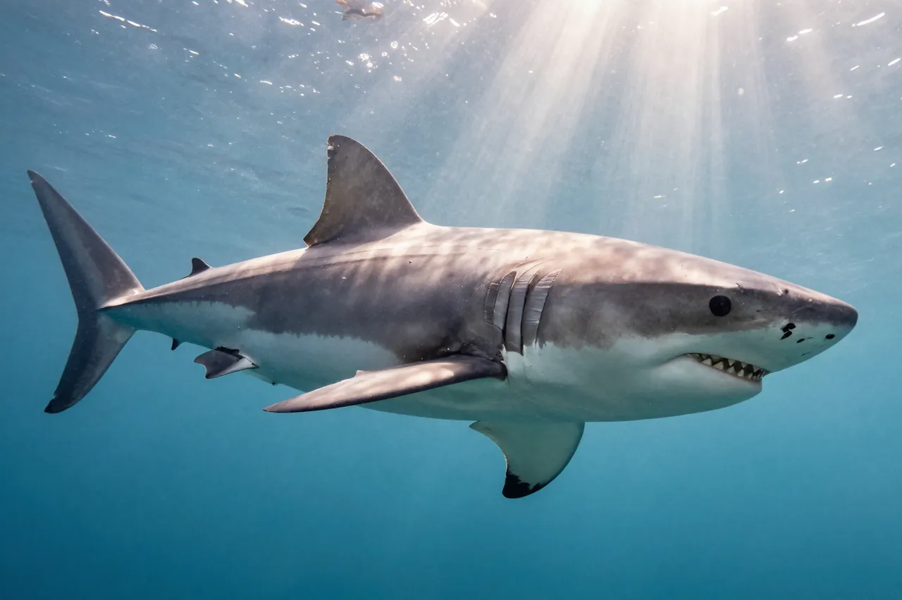 A great white shark swims through clear blue ocean water with sunbeams filtering from the surface above.