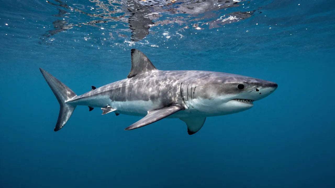 A great white shark swims horizontally through clear blue ocean water near the surface.