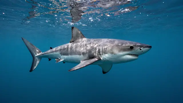 A great white shark swims horizontally through clear blue ocean water near the surface.
