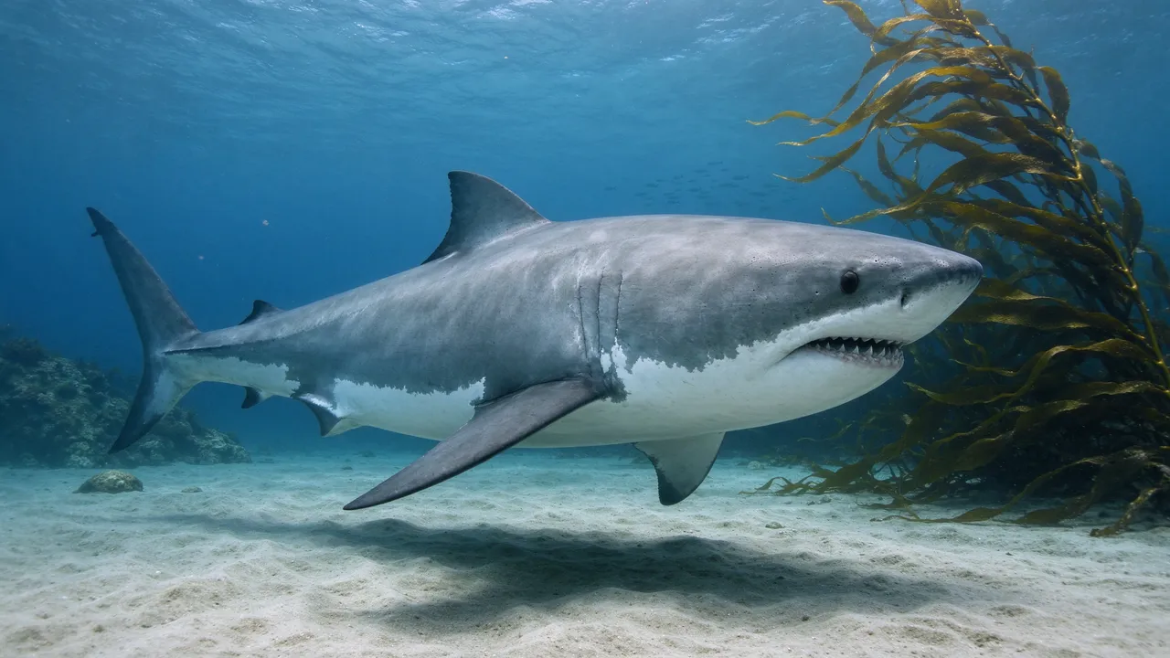 Side view of a great white shark gliding over a sandy seabed next to swaying kelp