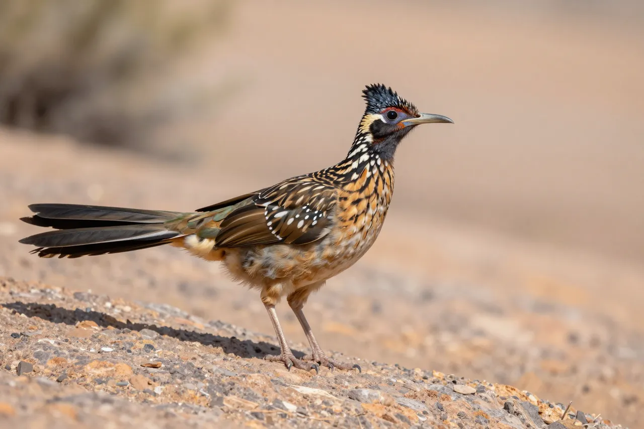 A colorful greater roadrunner stands alert on stony desert terrain under bright sunlit conditions
