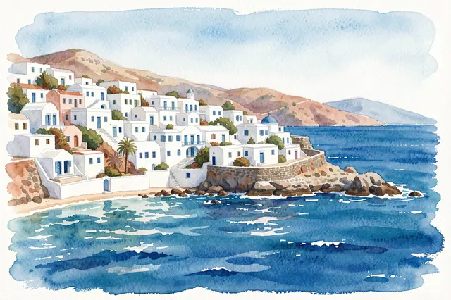 Watercolor illustration of a whitewashed Greek hillside village above a bright blue Aegean sea