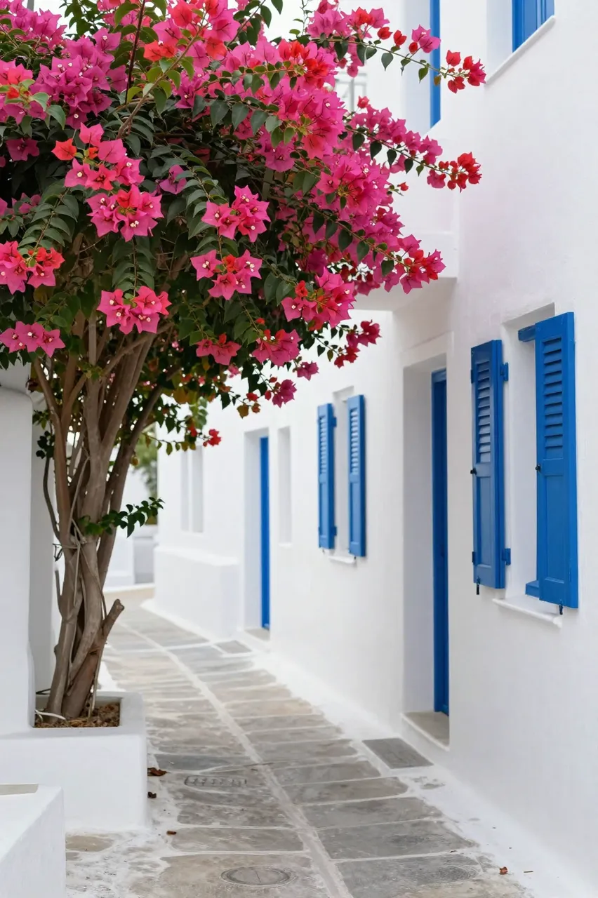 Paved narrow whitewashed Greek street lined with blue shuttered buildings and bright pink bougainvillea