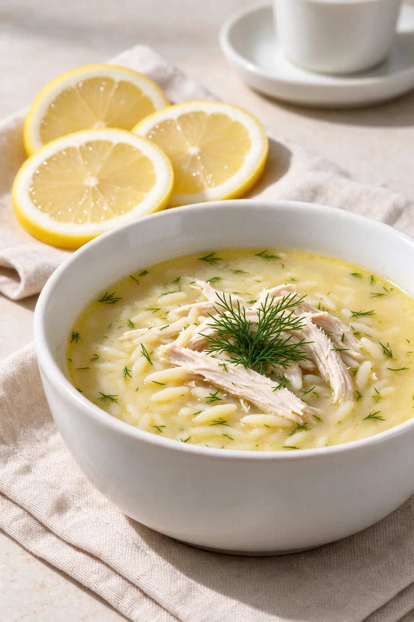 White bowl of lemon chicken orzo soup with dill garnish, lemon slices on linen napkin in bright daylight
