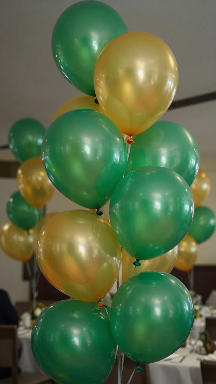 Shiny green and gold latex balloon clusters float above a set party table with white linens for a festive event.