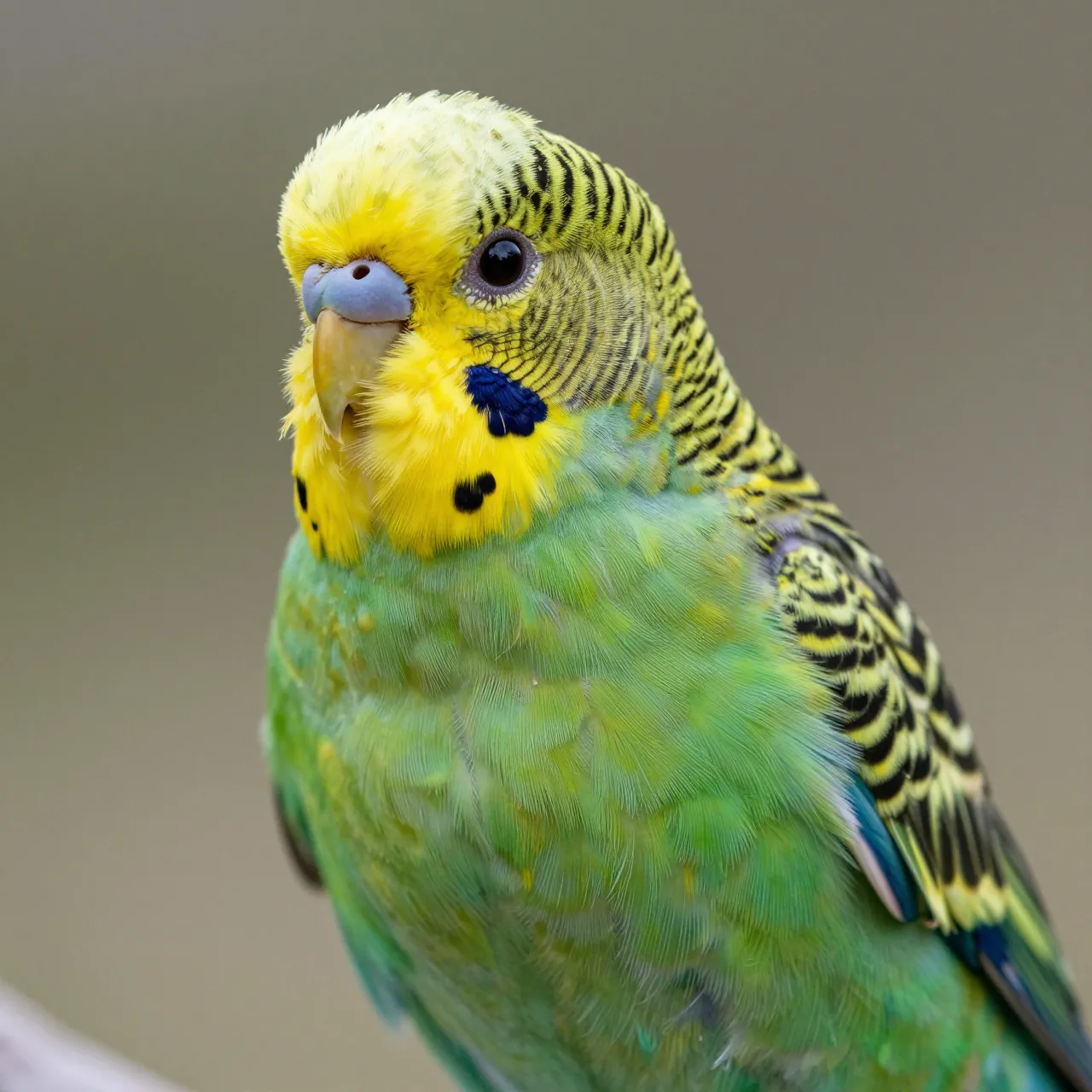 Close-up portrait of a bright green and yellow budgie against a soft blurred neutral background