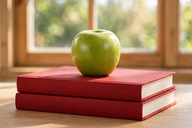 Shiny green apple resting on a stack of two plain red hardcover books near a sunlit wooden window