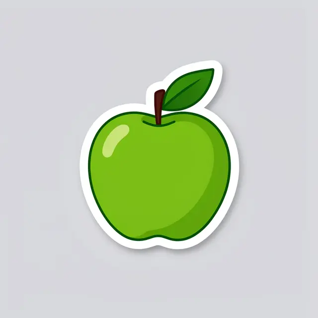 A die-cut flat illustration of a green apple sticker on a plain light gray background