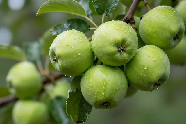 Dewdrops cling to ripe green apples clustered on an apple tree branch with wet leaves.
