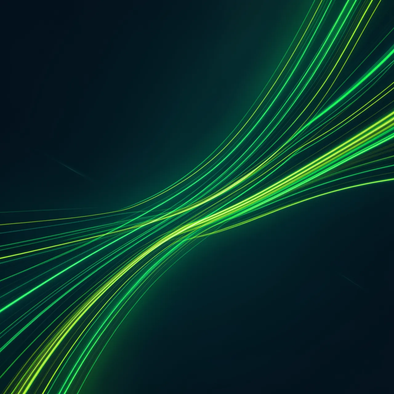 Glowing emerald and lime light trails curve across a deep teal dark background