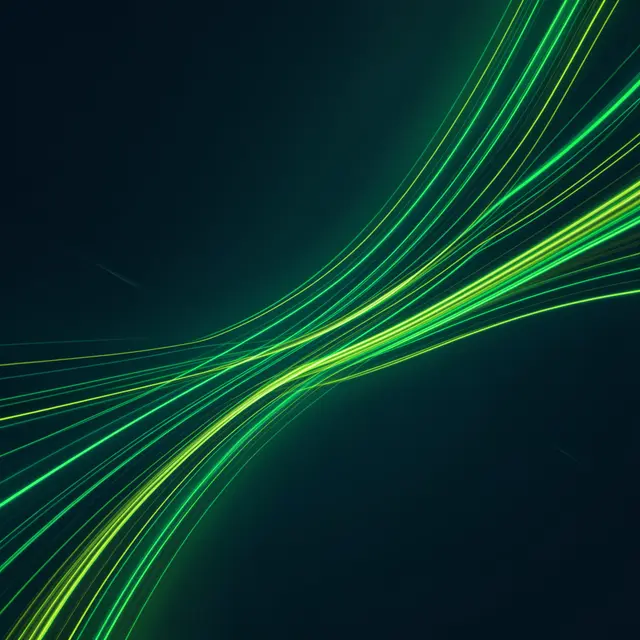 Glowing emerald and lime light trails curve across a deep teal dark background