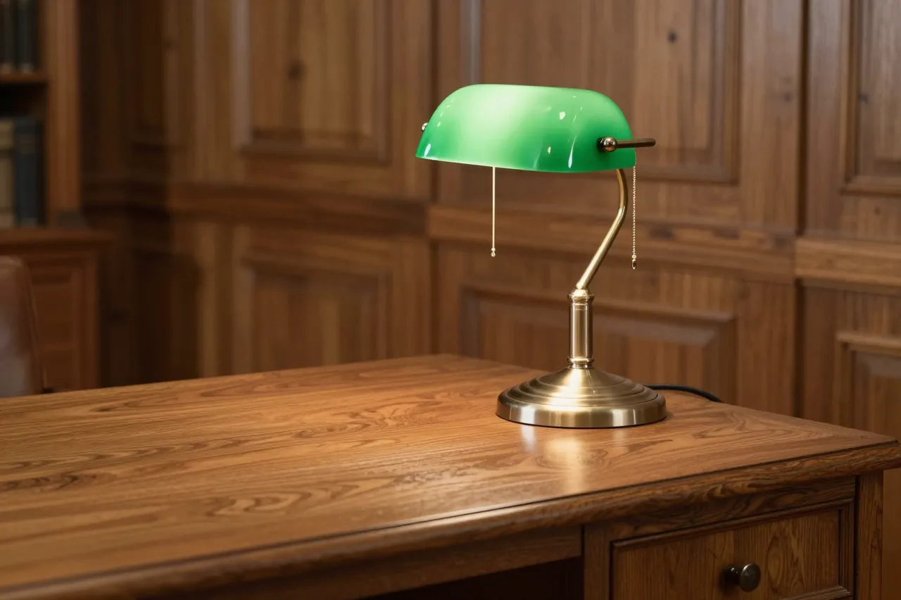 A classic green glass bankers lamp sits on a wide oak desk in a wood paneled study