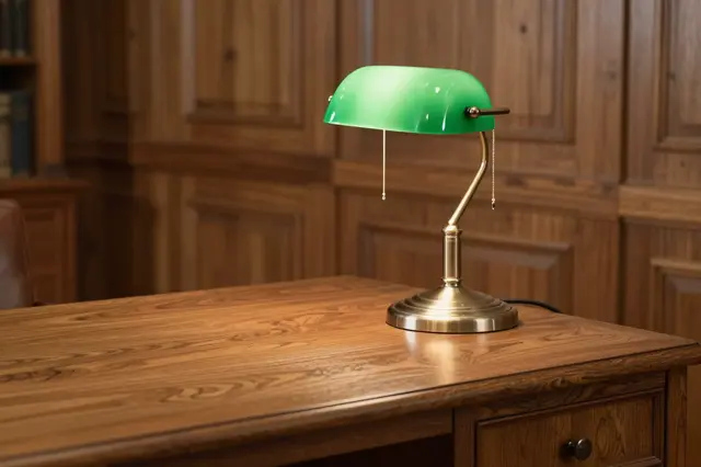 A classic green glass bankers lamp sits on a wide oak desk in a wood paneled study