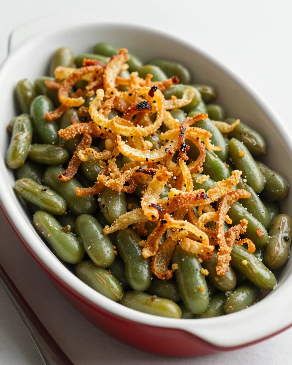 Oval baking dish of green beans topped with crispy fried onion strips resting on a light countertop