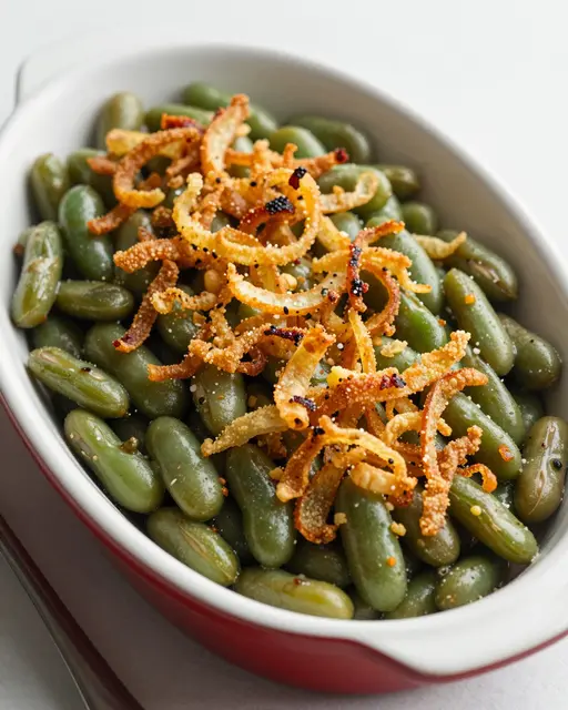 Oval baking dish of green beans topped with crispy fried onion strips resting on a light countertop