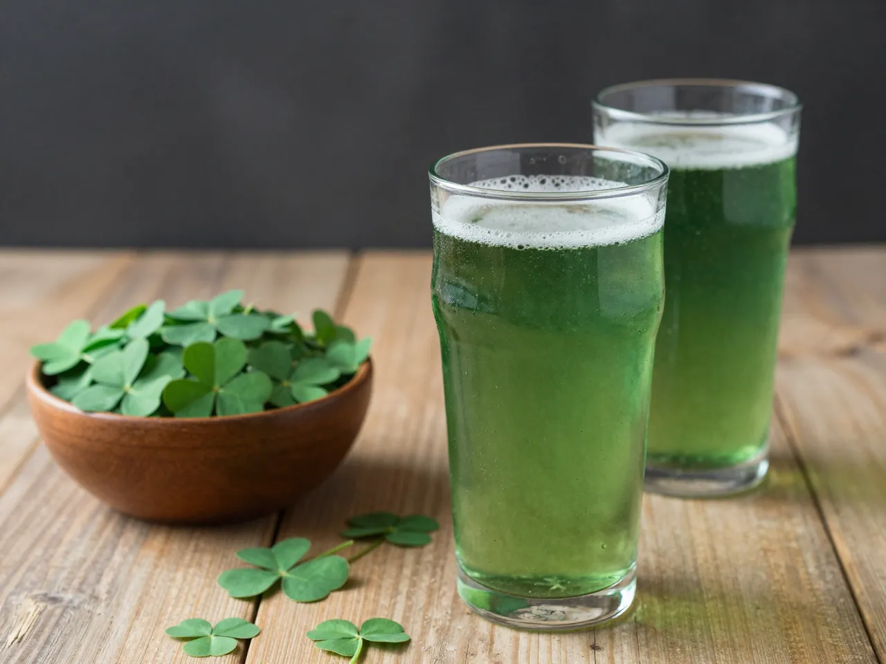 Two glasses of foamy green beer sit next to a wooden bowl of shamrocks on a rustic wooden table.