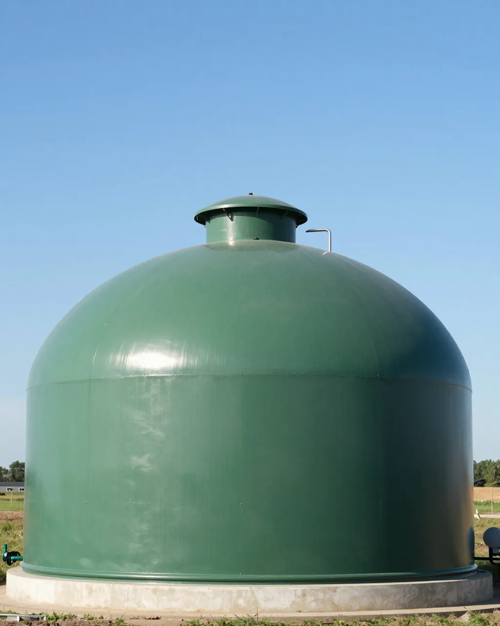 A large round green domed biogas tank sits on a concrete foundation under a clear blue summer sky