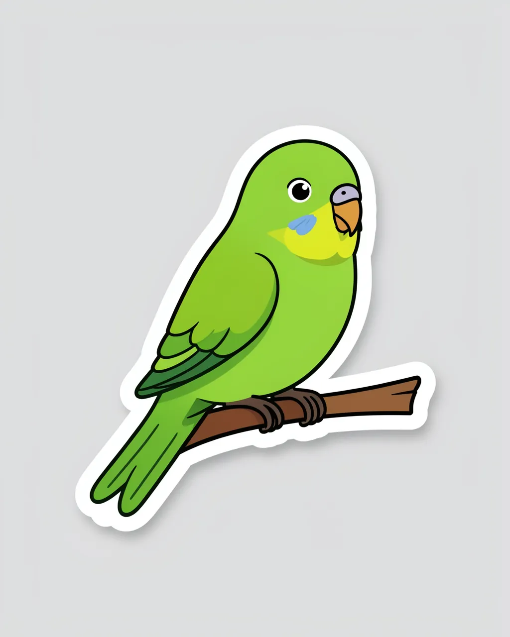 A cute flat die-cut sticker of a green budgie perched on a twig with a white border, set on a plain light gray background