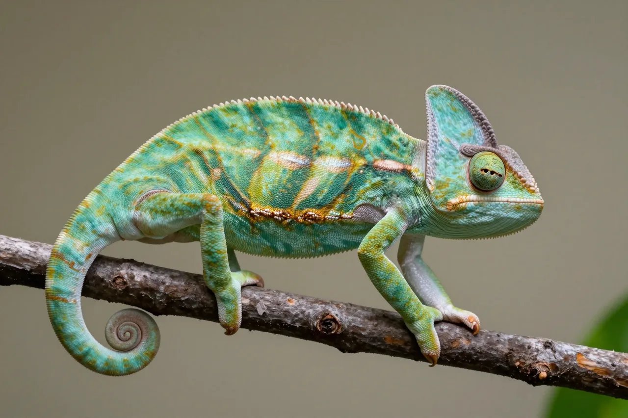 Bright patterned green chameleon with a coiled spiral tail perched steadily on a rough brown branch