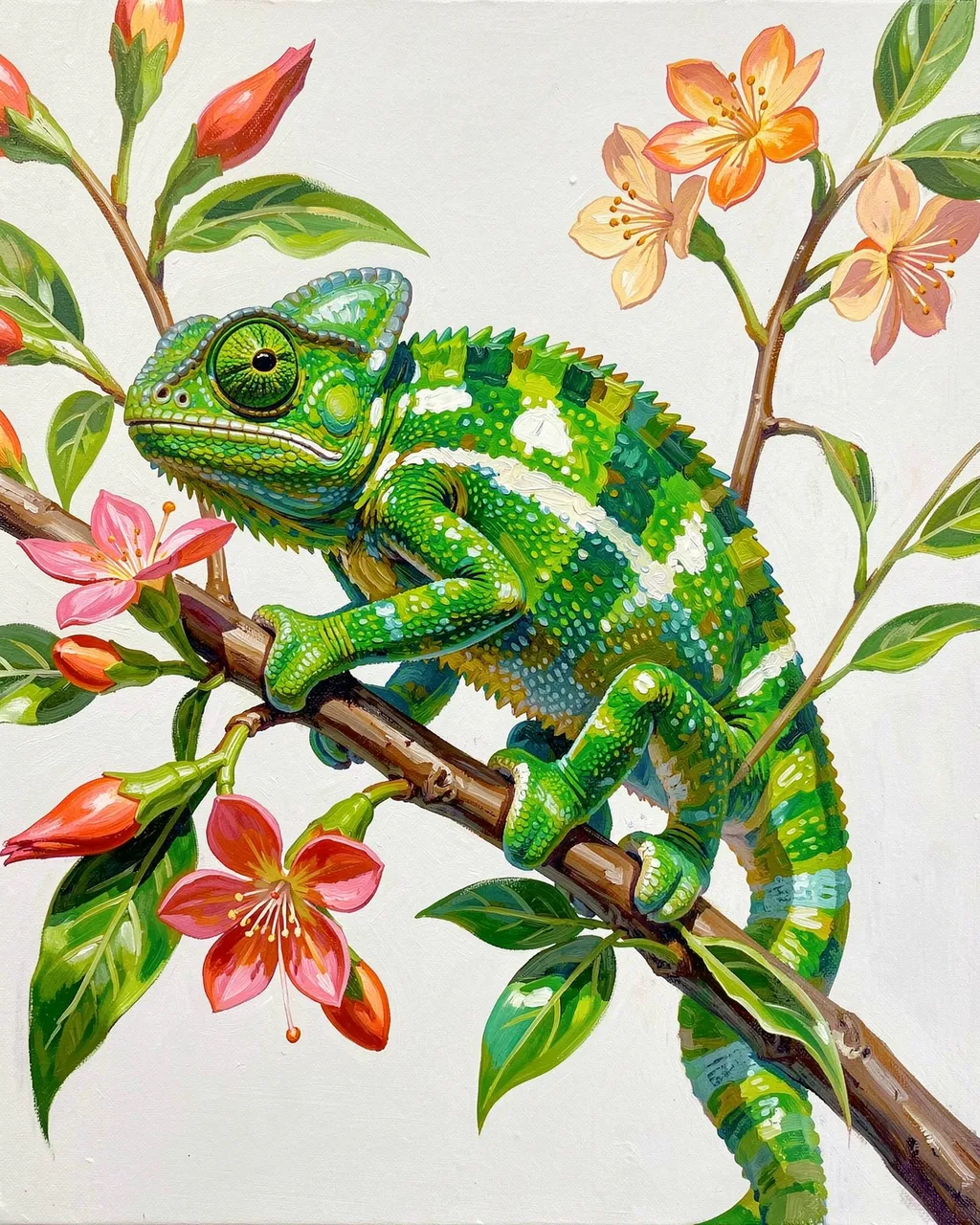 Vivid acrylic painting of a bright green chameleon gripping a flowering branch against a pale background.