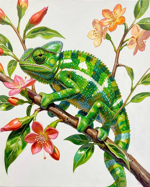 Vivid acrylic painting of a bright green chameleon gripping a flowering branch against a pale background.