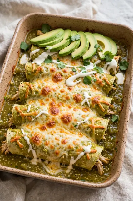Baked green chicken enchiladas topped with bubbling cheese, avocado slices, crema and cilantro in a speckled ceramic baking