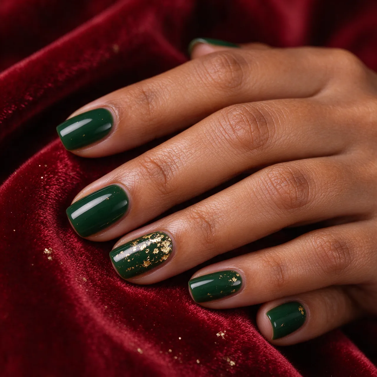 Close-up of a warm brown skin hand with squoval forest green gold flecked nails resting on crimson velvet