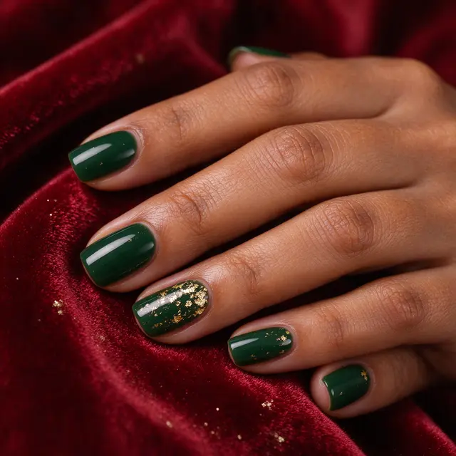 Close-up of a warm brown skin hand with squoval forest green gold flecked nails resting on crimson velvet