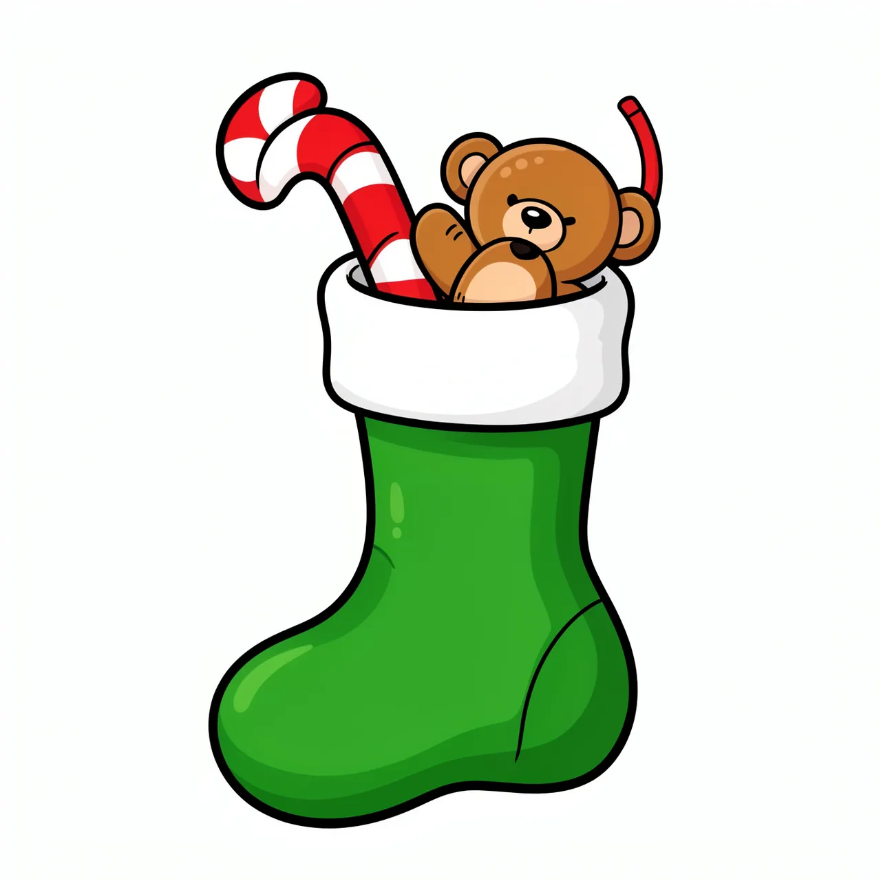 Cartoon green Christmas stocking holding a teddy bear and striped candy cane on a white background