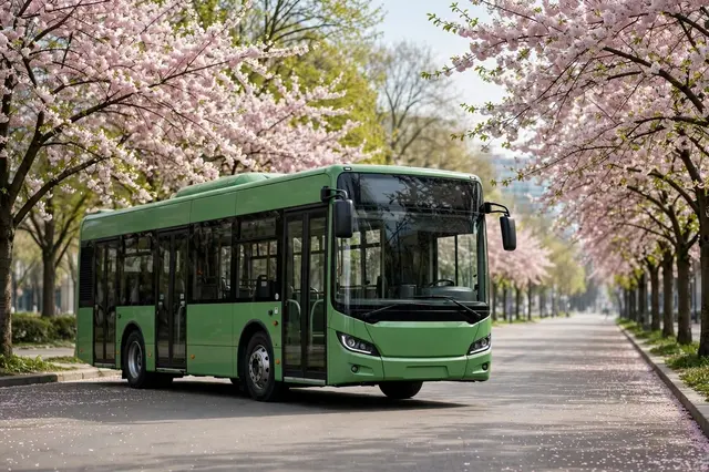 Plain green modern bus sits on an empty boulevard lined with blooming cherry blossom trees