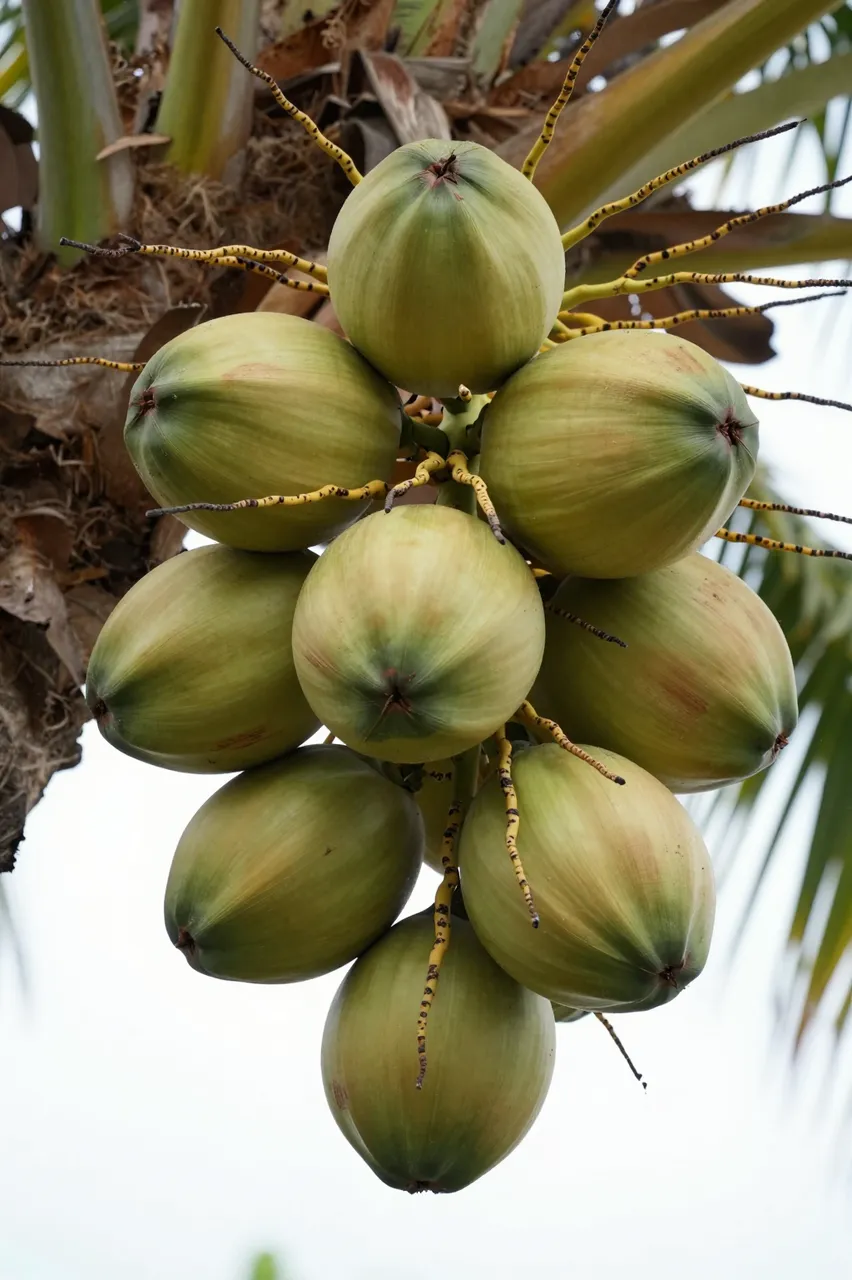 A cluster of unripe green coconuts hangs from the stem of a coconut palm tree