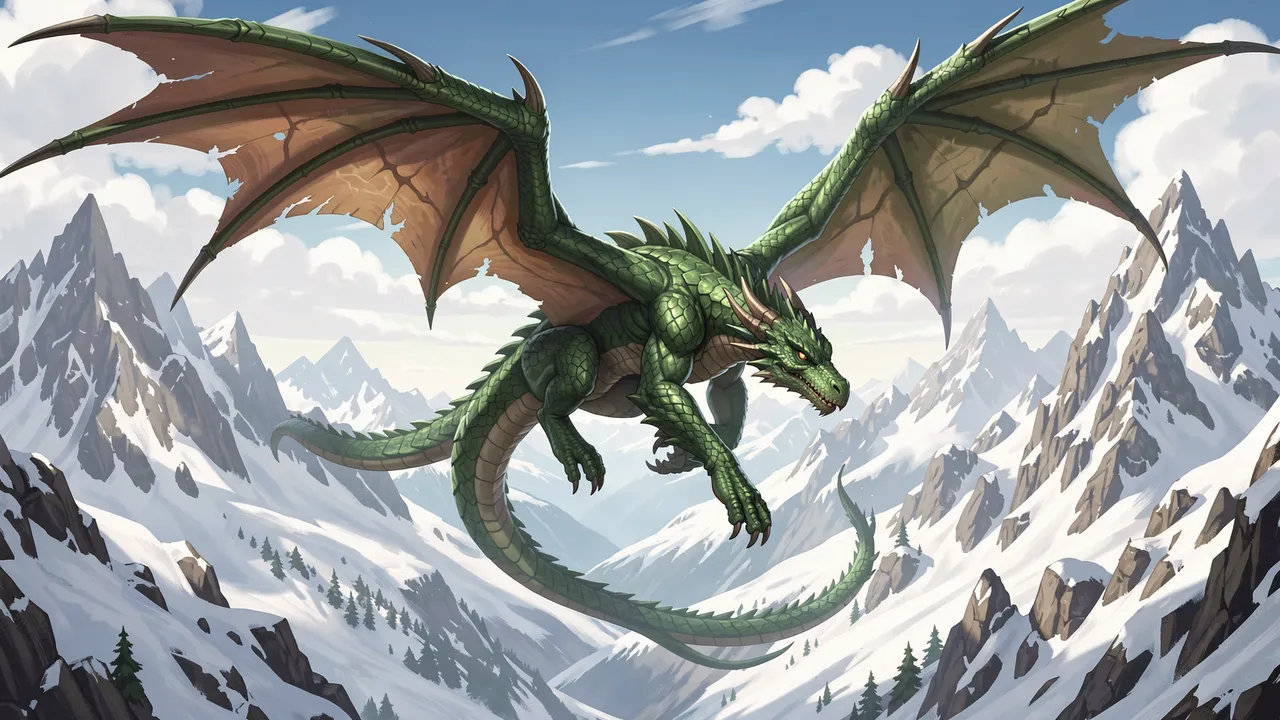 A scaly green fantasy dragon flies with outstretched tattered wings above a range of snowy alpine peaks under a bright
