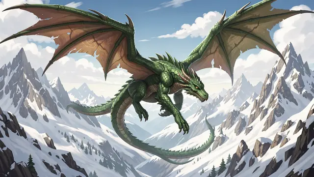A scaly green fantasy dragon flies with outstretched tattered wings above a range of snowy alpine peaks under a bright