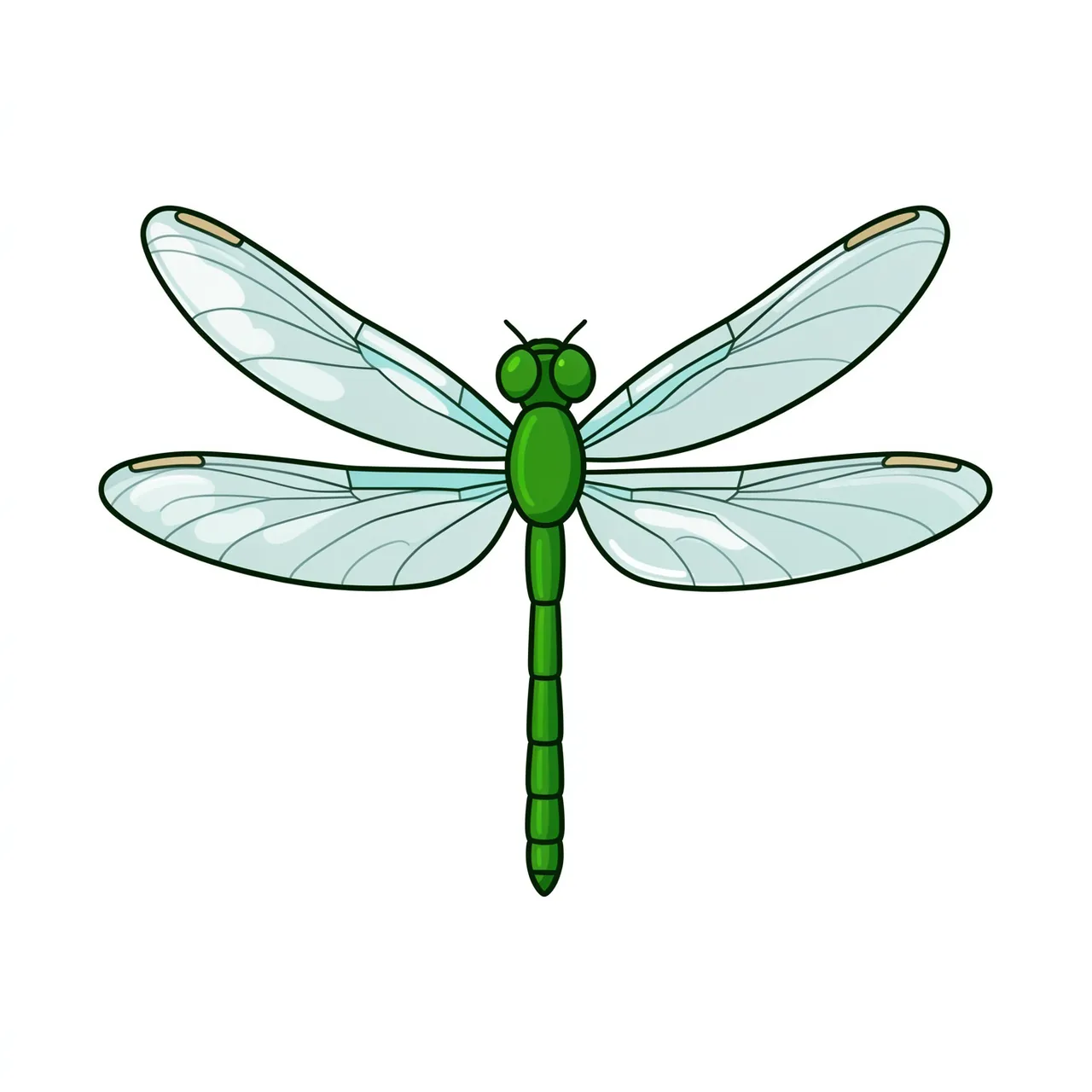 Flat cartoon illustration of a green dragonfly with four clear wings isolated on a plain white background