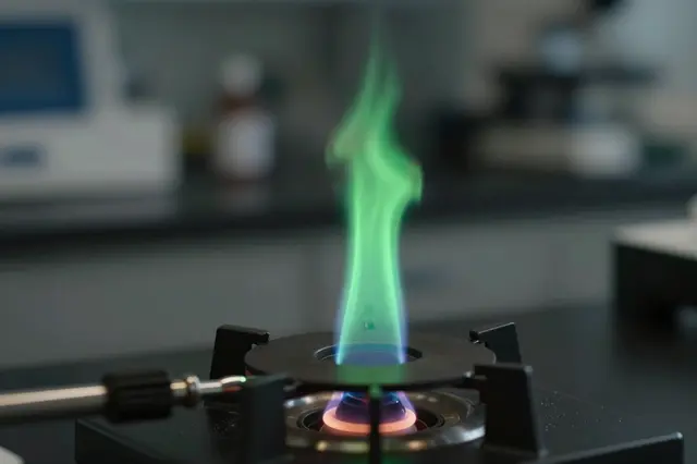 A bright green flame rises from a laboratory burner on a dark lab counter, with blurred lab equipment in the background.