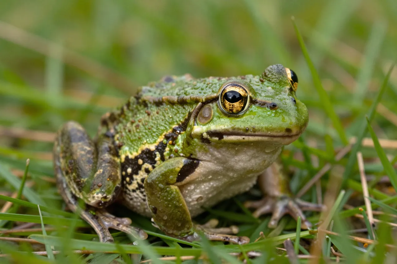 A close-up of a green frog with golden eyes sitting on damp grass in natural light