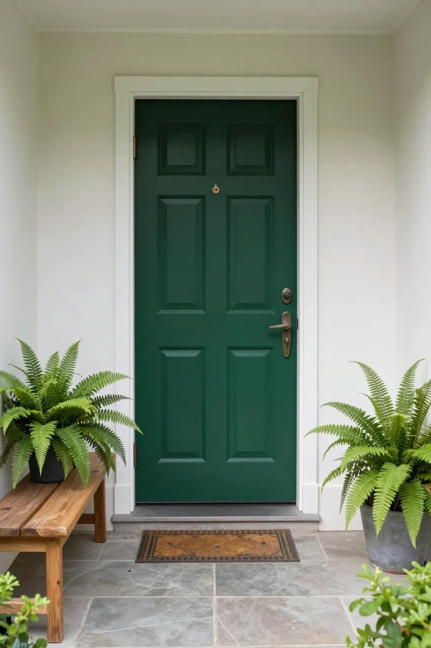 Front entryway with a deep green paneled door, stone tile floor, wooden bench and potted ferns