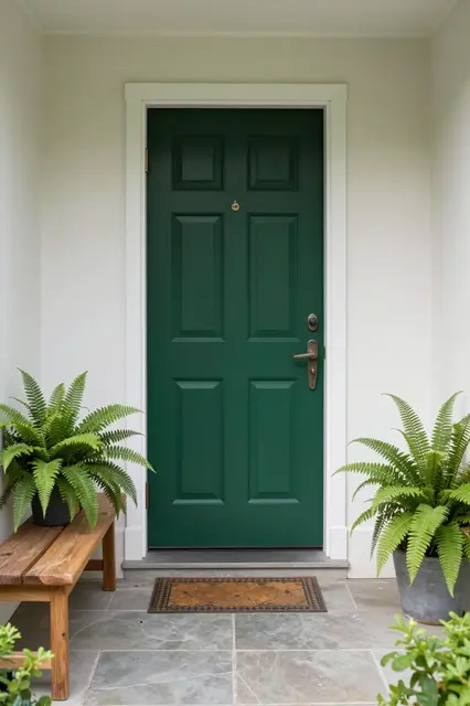 Front entryway with a deep green paneled door, stone tile floor, wooden bench and potted ferns