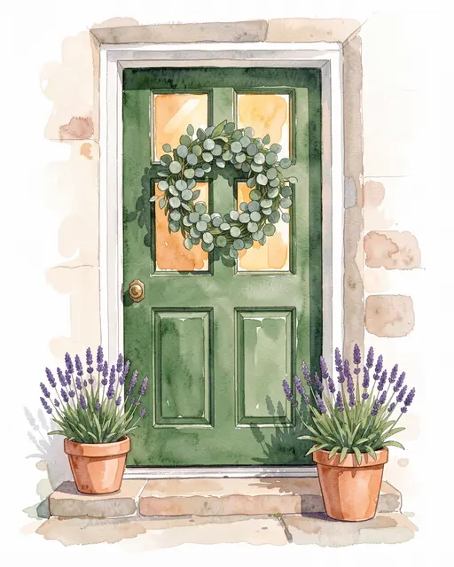 Watercolor illustration of a green front door with an eucalyptus wreath, flanked by potted lavender and warm interior light.