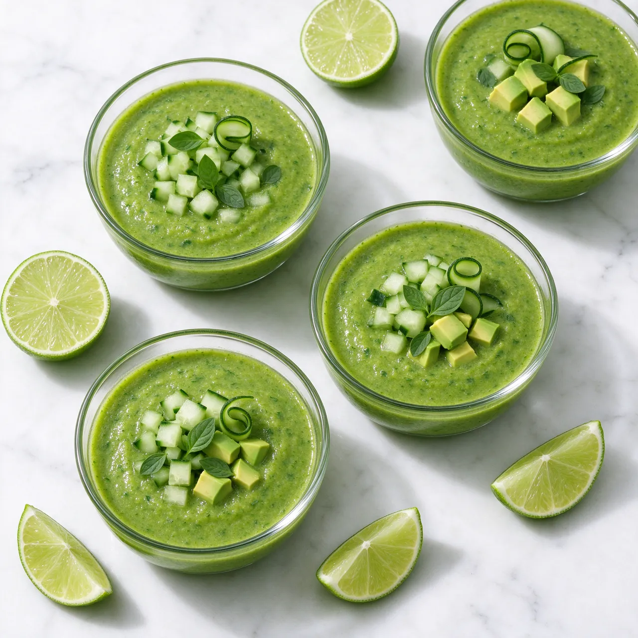 Overhead view of glass bowls of green gazpacho with toppings and lime slices on white marble