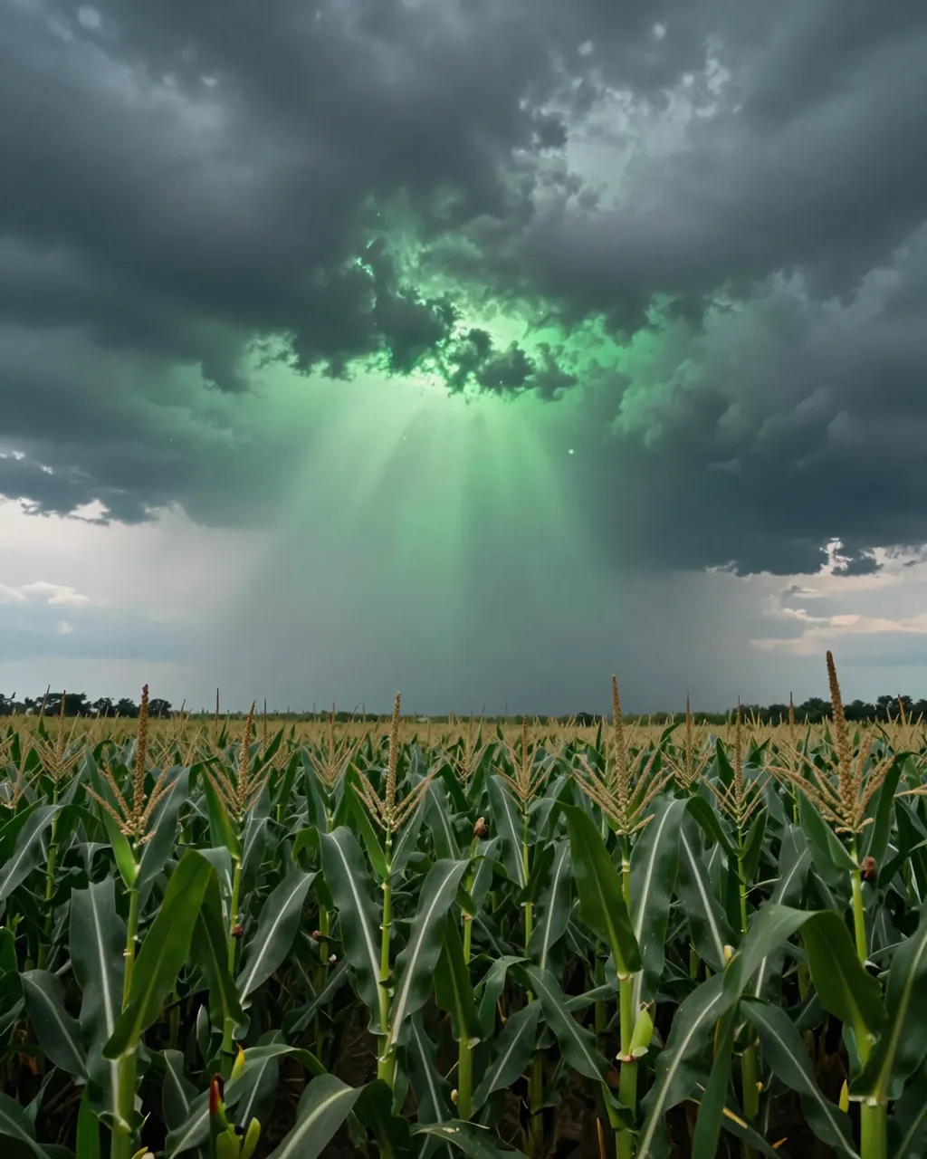 Dark storm clouds with an eerie radiant green glow hang heavy over a tall ripening cornfield