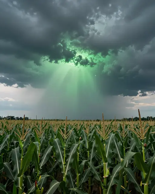 Dark storm clouds with an eerie radiant green glow hang heavy over a tall ripening cornfield
